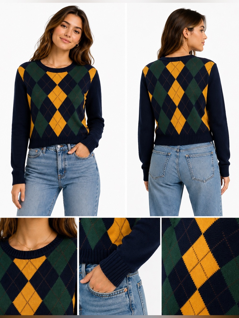 American Eagle Women’s Argyle Knit Sweater Navy Green Mustard